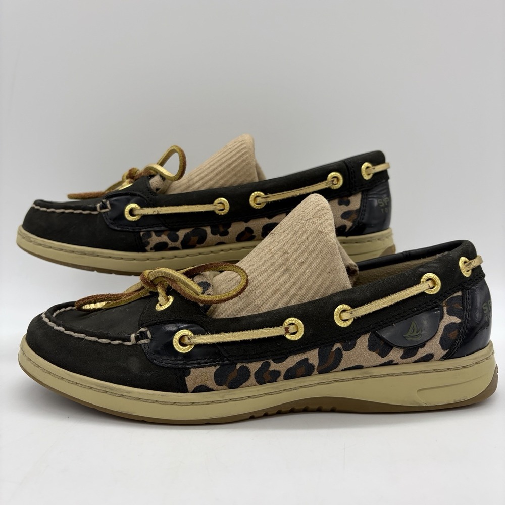 Sperry Top-Sider Womens 6 Boat Shoes Angelfish Black Leopard Lace Up Gold Laces
